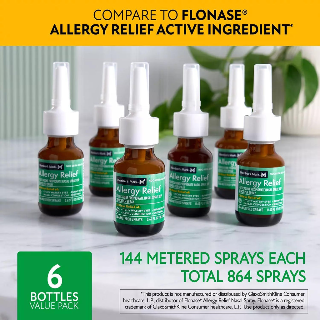 Drip-free metered spray nozzle on the authentic Member's Mark fluticasone propionate bottle.