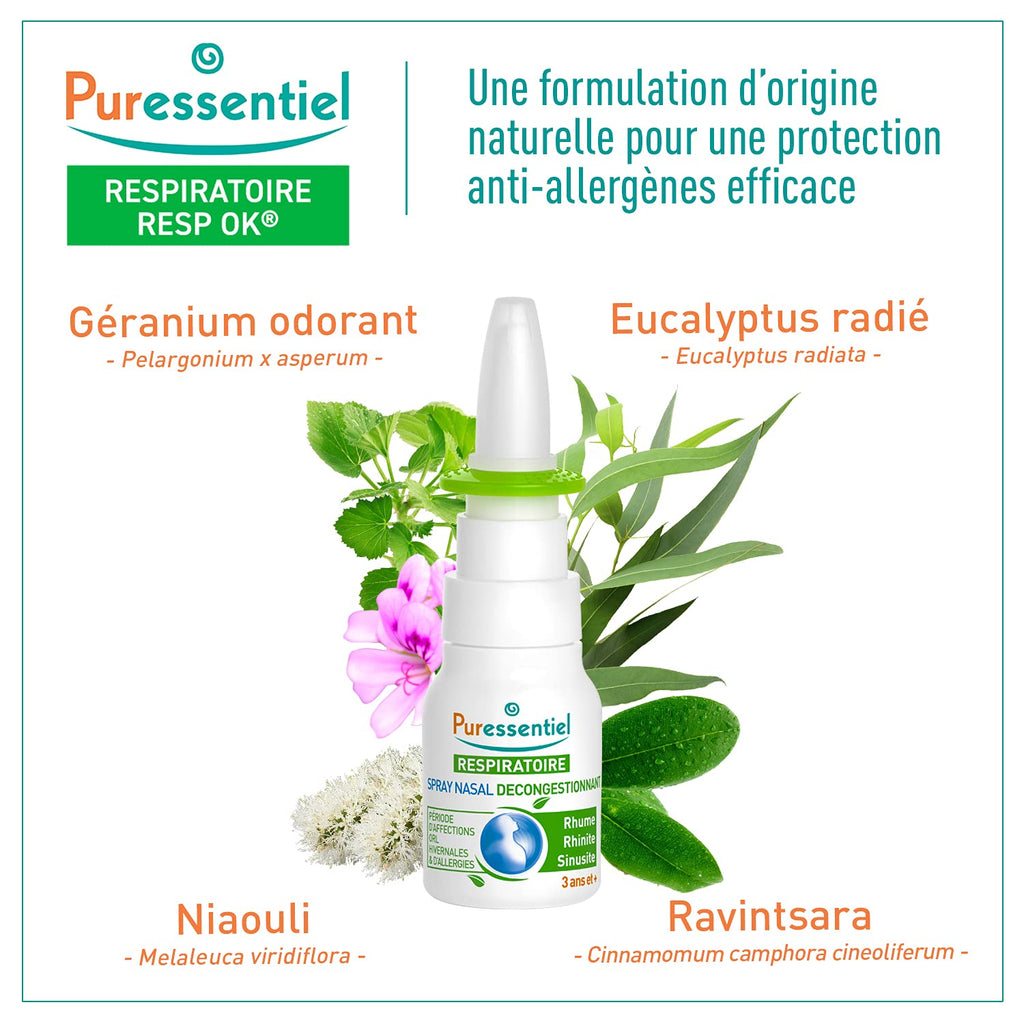Puressentiel 15ml essential oil nasal spray bottle for cold and allergy support.