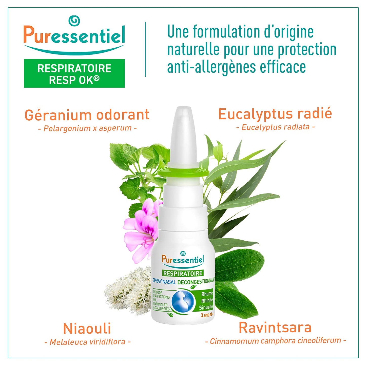 Puressentiel 15ml essential oil nasal spray bottle for cold and allergy support.