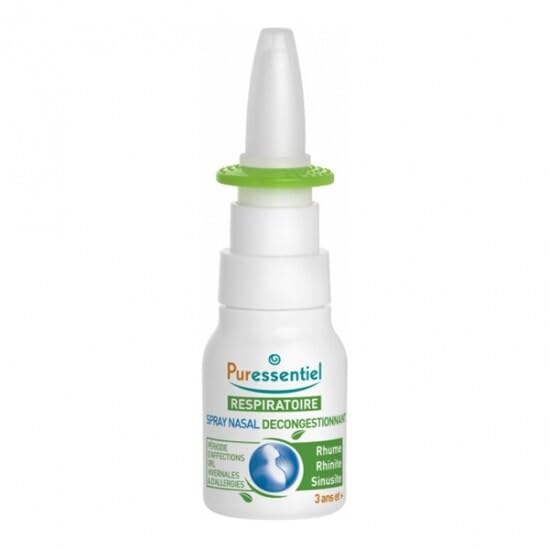 Side view of Puressentiel respiratory spray packaging listing organic rosemary and eucalyptus ingredients.