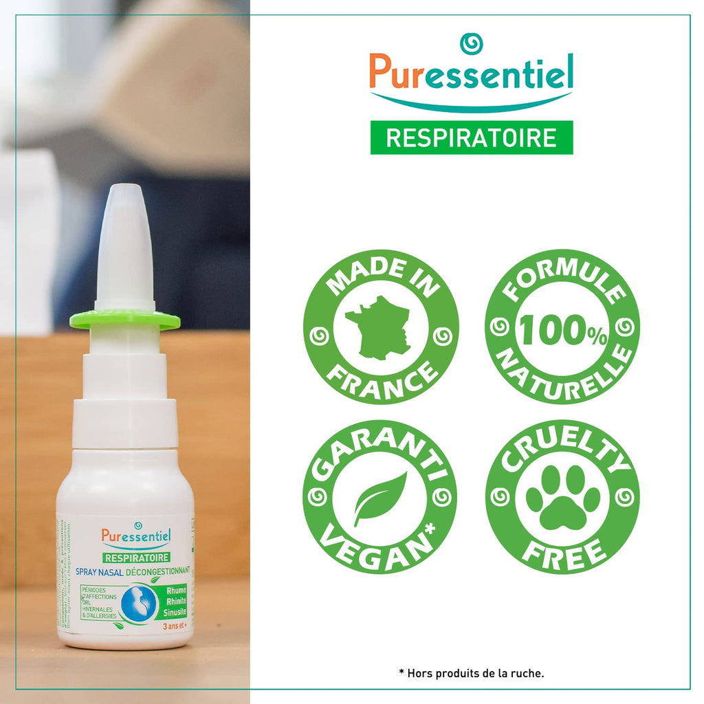 Puressentiel natural nasal spray bottle shown alongside its protective outer product carton.