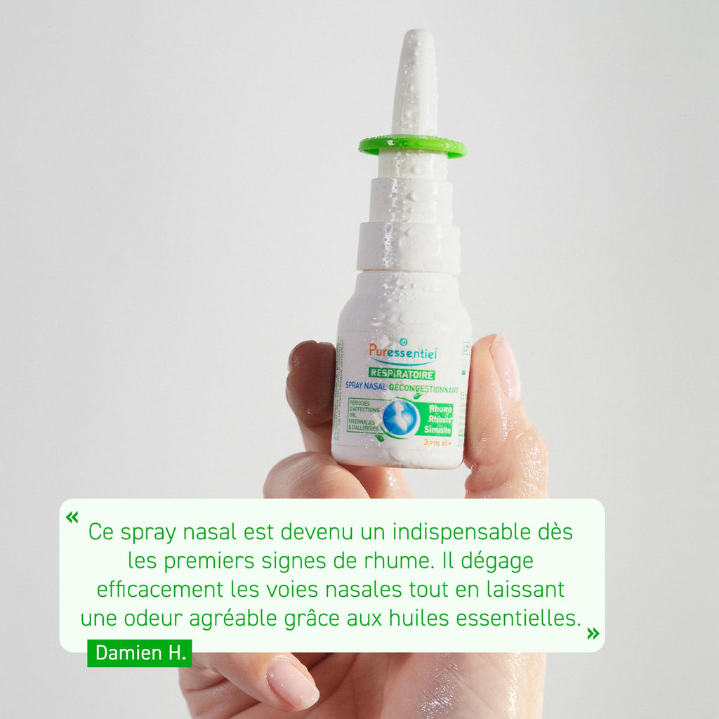 Back label of Puressentiel decongestant spray showing official instructions for adults and children.