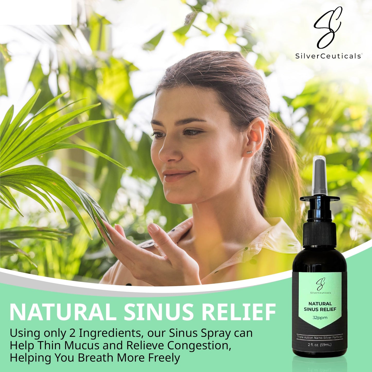 Two ounce bottle of SilverCeuticals silver sinus mist showing premium ingredients list