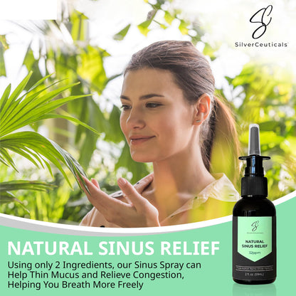 Two ounce bottle of SilverCeuticals silver sinus mist showing premium ingredients list