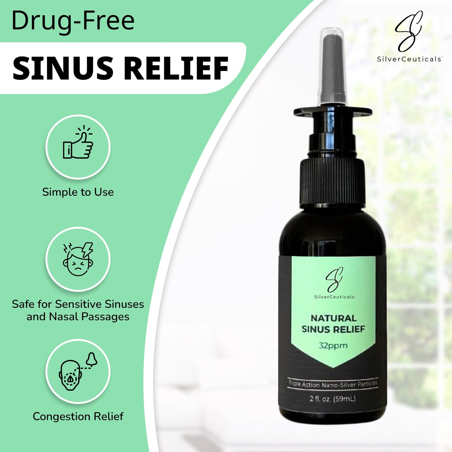 Drug free SilverCeuticals colloidal silver nasal spray packaging details and directions