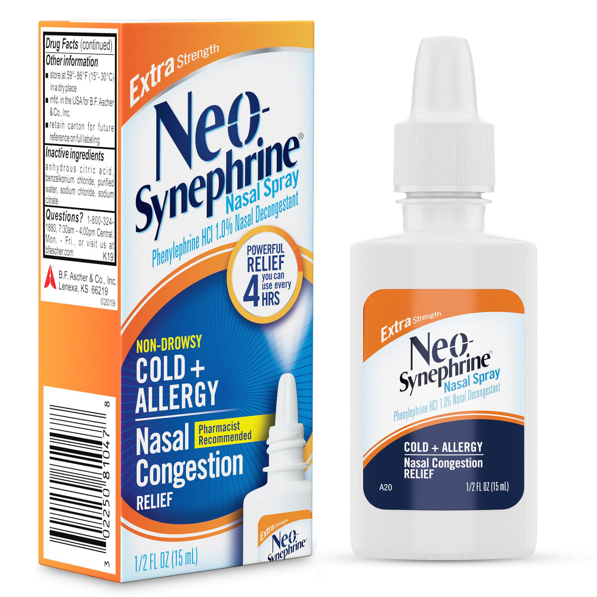 Neo-Synephrine phenylephrine hydrochloride one percent bottle highlighting the nozzle for sinus pressure spray.