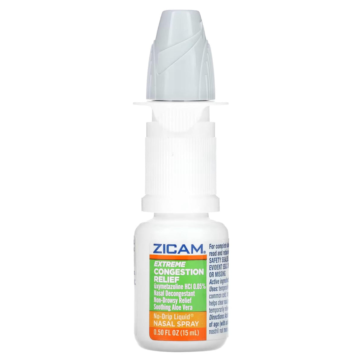 Back panel directions and warnings label on Zicam aloe vera soothing nasal spray package.