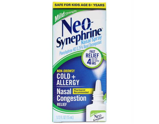Neo-Synephrine Mild Strength decongestant spray bottles showing product label