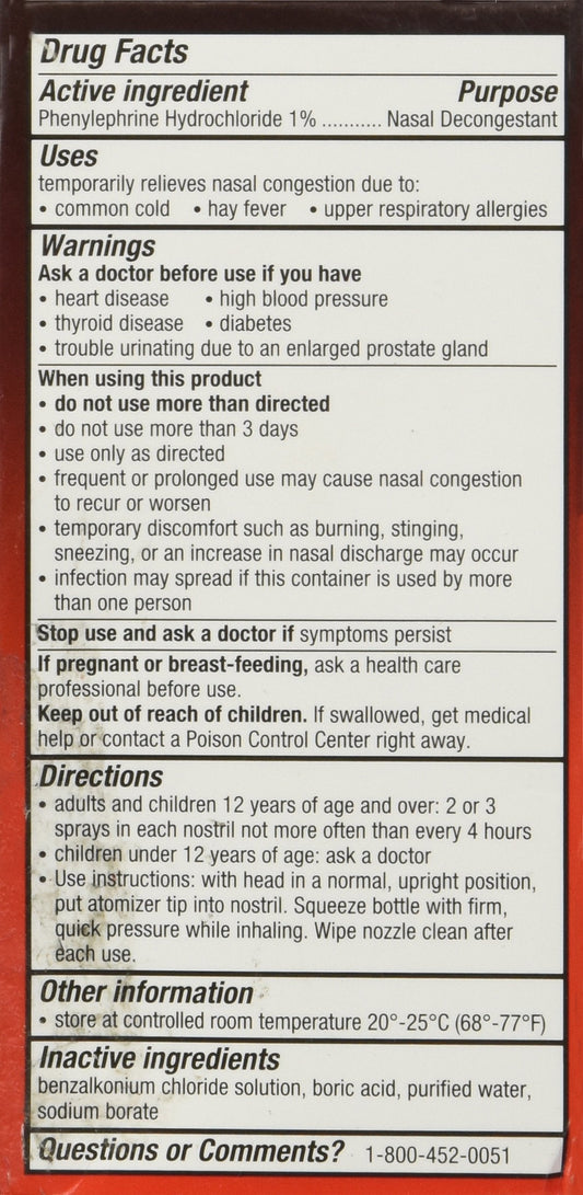 4-Way Fast Acting Nasal Decongestant 1 Fluid Ounce bottle displaying ingredient information