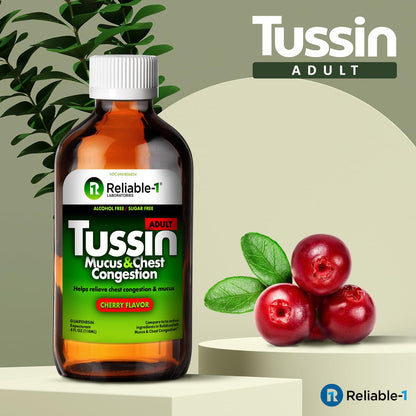 Reliable-1 Laboratories Tussin sugar free alcohol free cherry flavor cough liquid product packaging side view