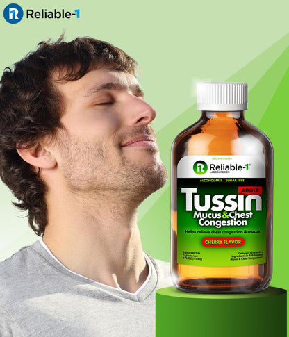 Reliable-1 Laboratories Tussin expectorant liquid showing clear instructions and warnings label