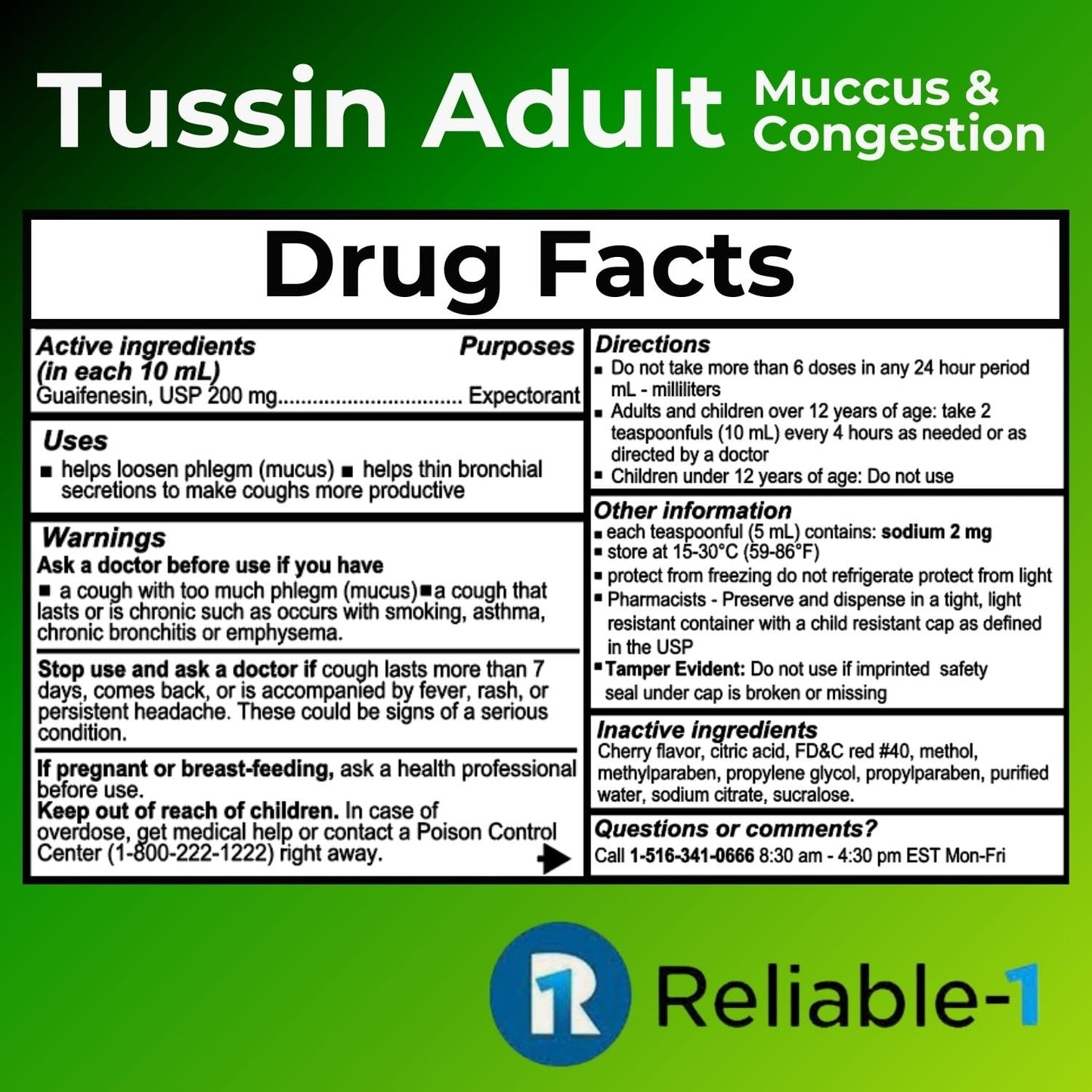 Reliable-1 Laboratories Tussin adult strength mucus relief bottle with measuring dosage cup