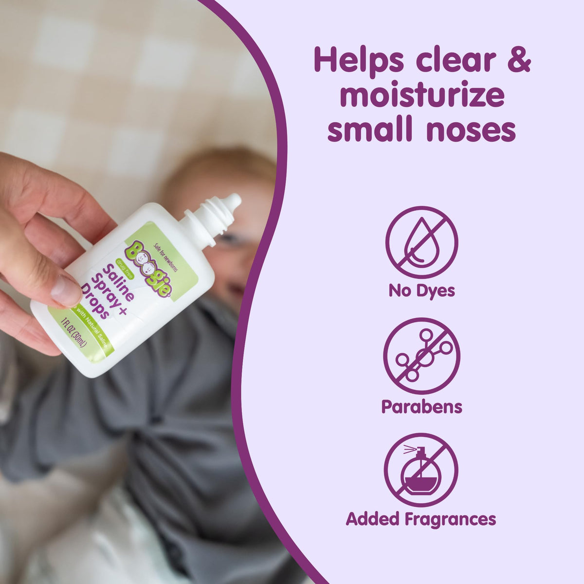 Boogie infant saline nasal spray pack of two demonstrating the sterile drop dispensing feature