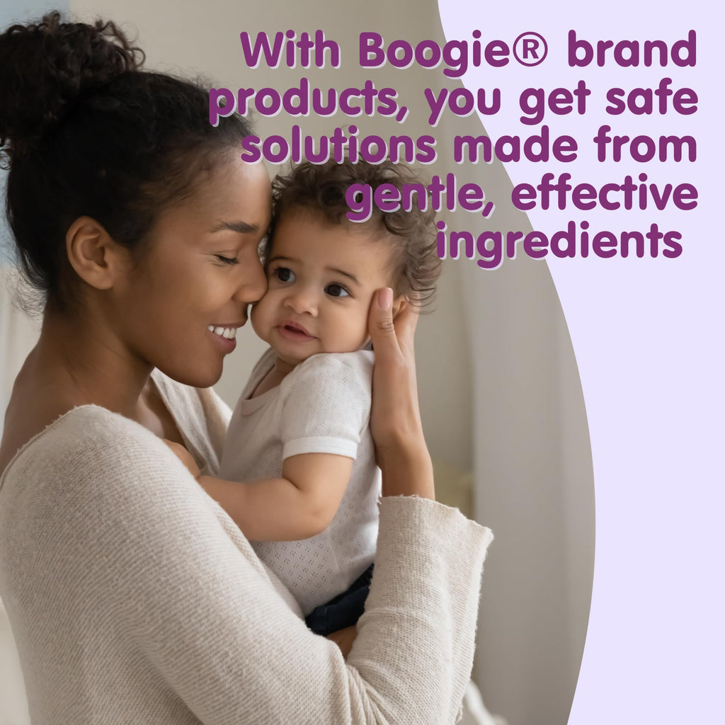 Back label view of Boogie natural saline solution for baby showing usage directions and features