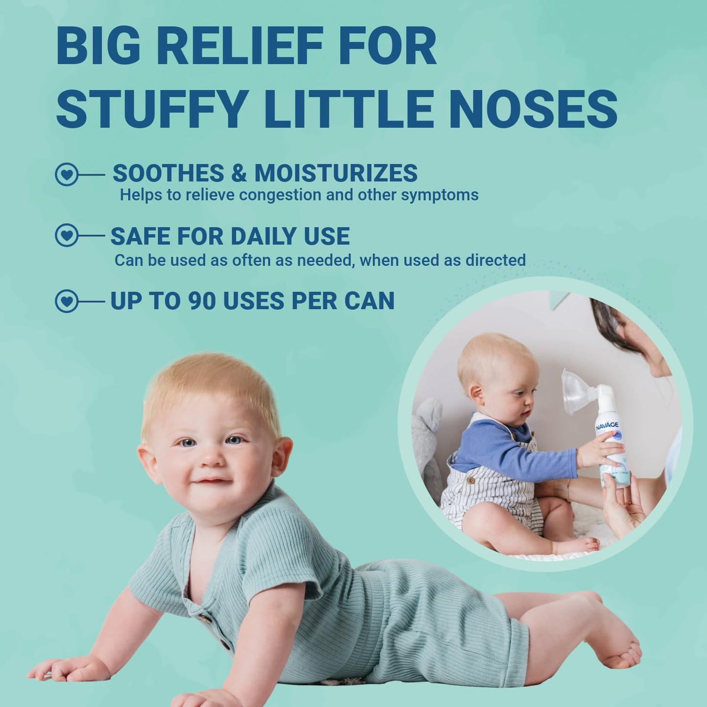 Navage Baby Saline Inhaler canister shown with the specialized soft infant mask attached