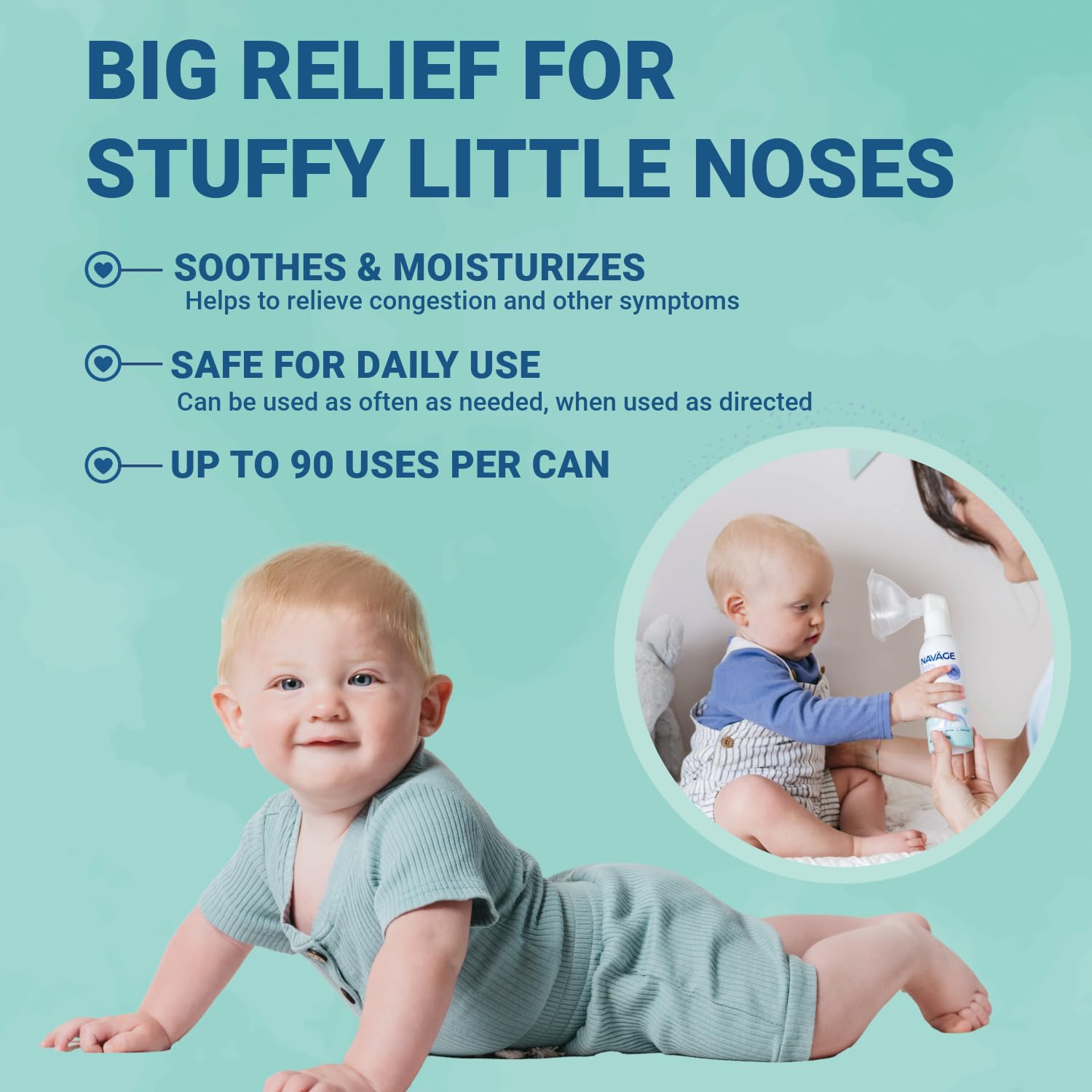 Navage Baby Saline Inhaler canister shown with the specialized soft infant mask attached