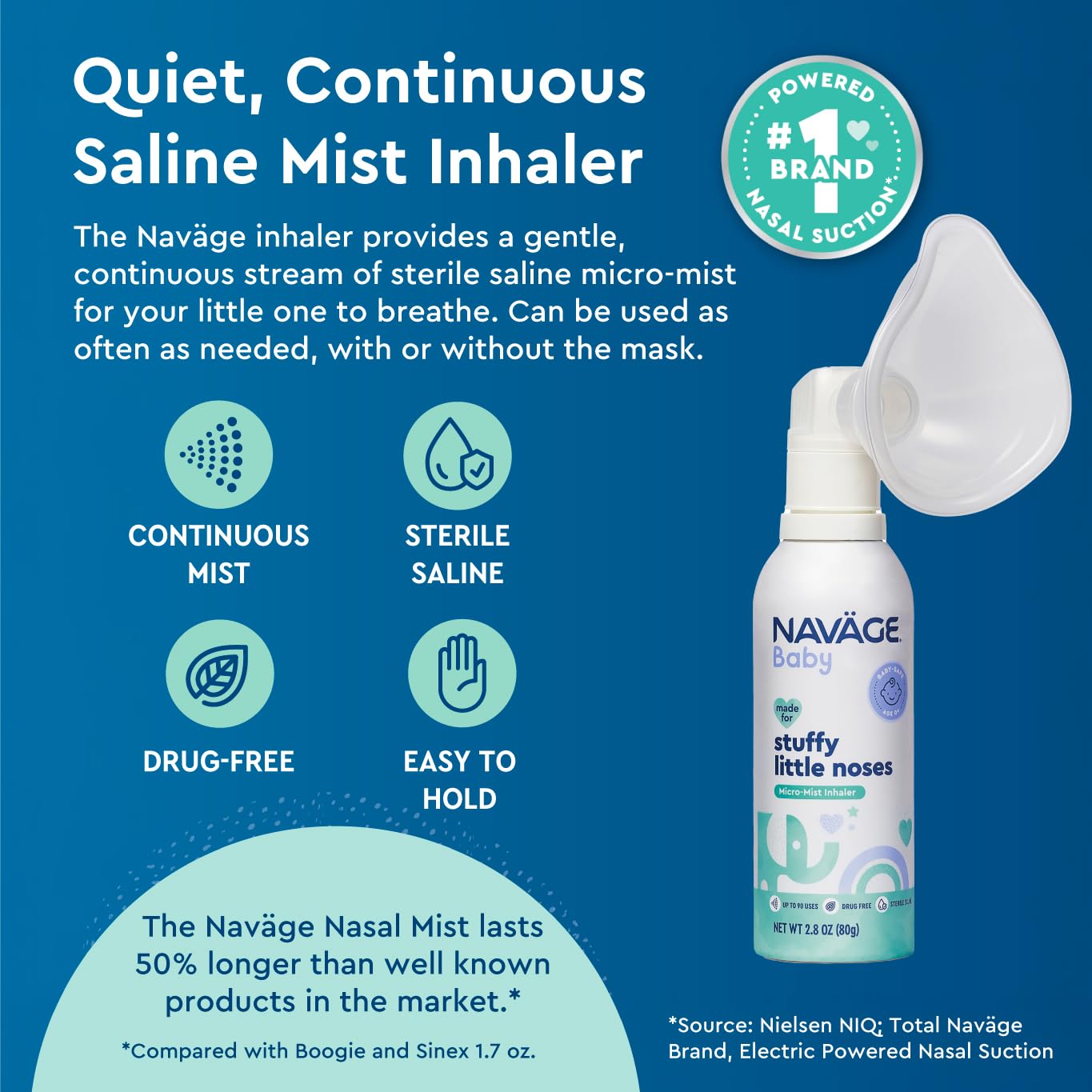 Pediatrician endorsed baby nasal mist showing the quiet continuous spray nozzle close up