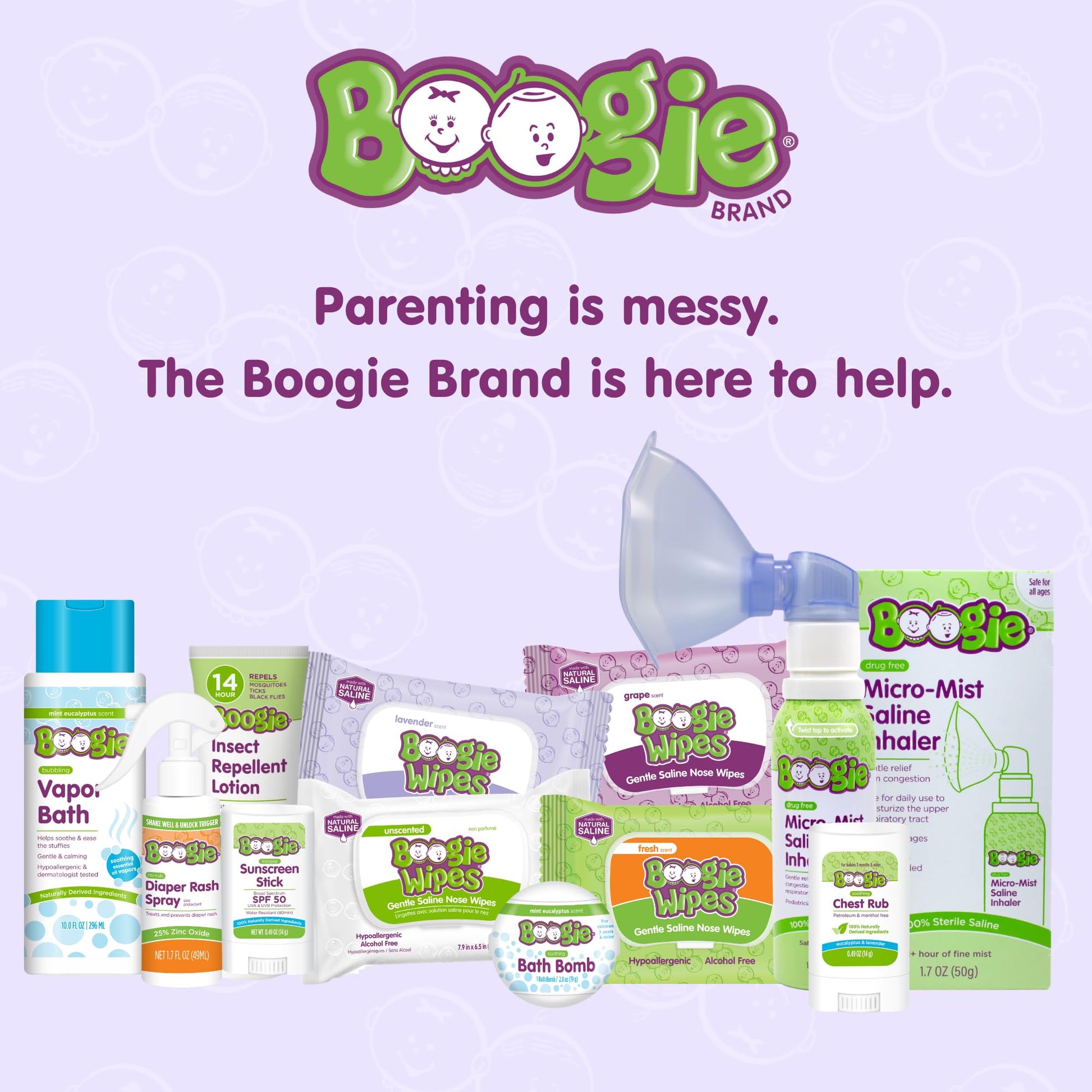 Two bottles of Boogie baby saline mist and drops displayed for premium daily infant nasal hygiene