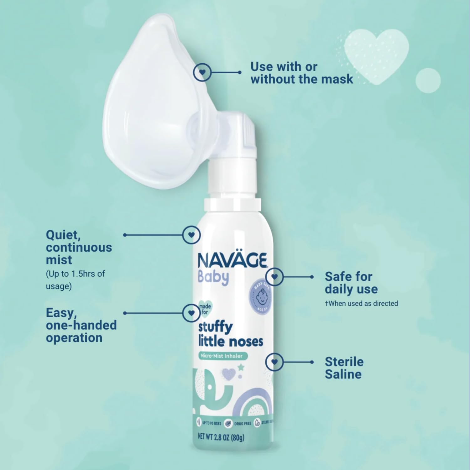 Navage Baby drug free saline inhaler highlighting the two point eight ounce bottle size
