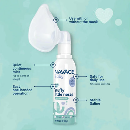 Navage Baby drug free saline inhaler highlighting the two point eight ounce bottle size