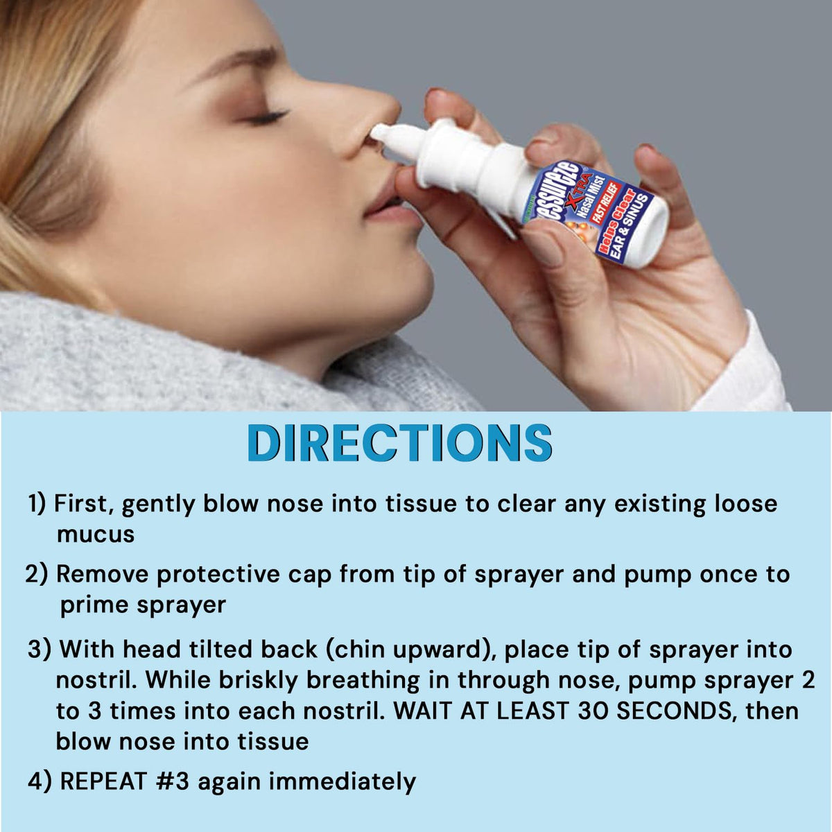 USA imported Pressureze Xtra spray showing ingredients and clear solution texture