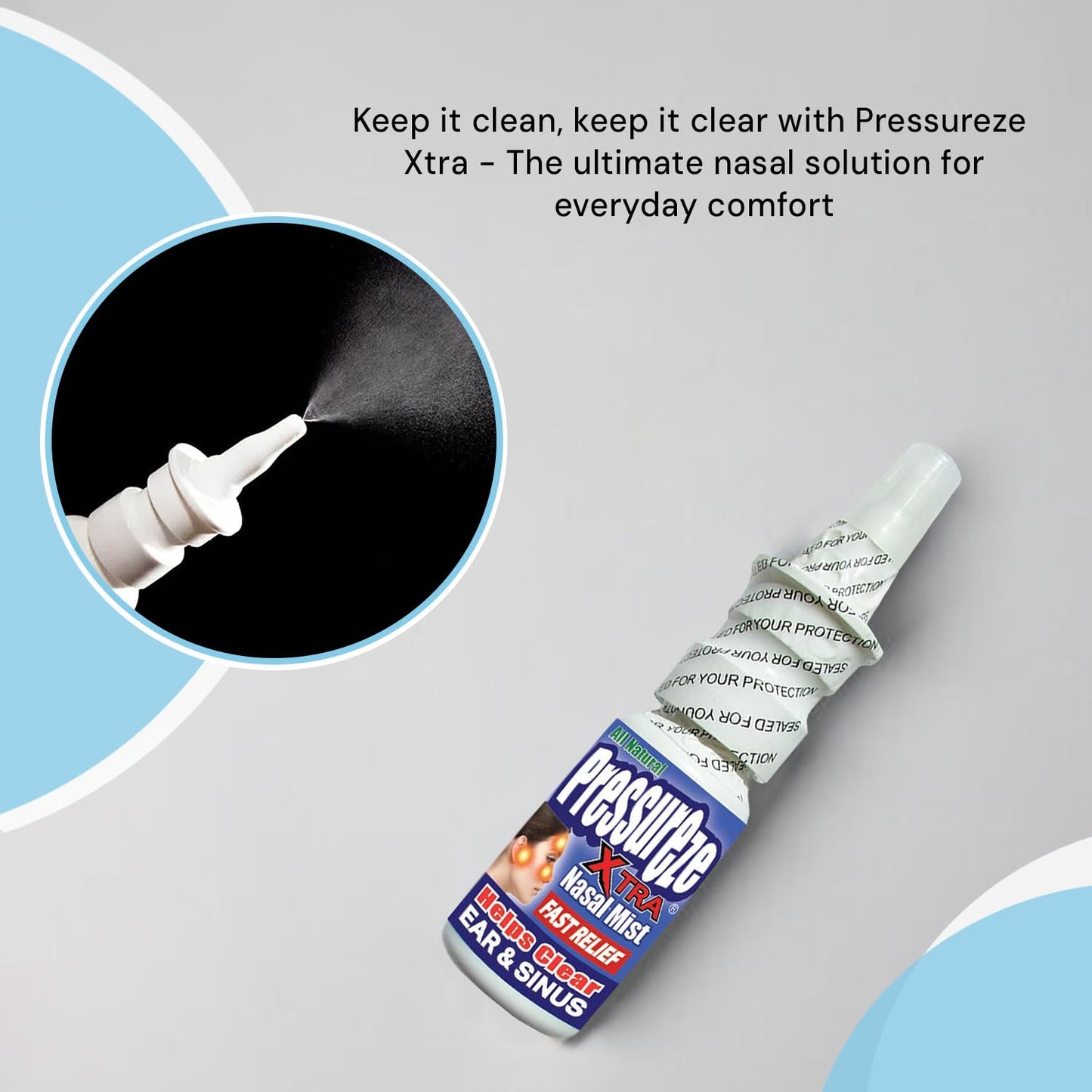 Pressureze Xtra strength authentic nasal spray package highlighting sterile safety seals