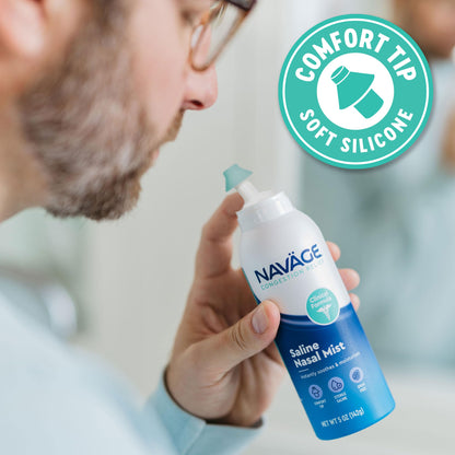 Navage sterile saline spray showing the soft comfort tip for sensitive noses