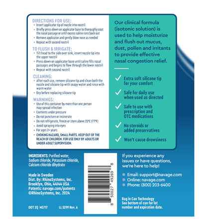 Navage imported saline mist bottle highlighting the daily sinus hydration benefits