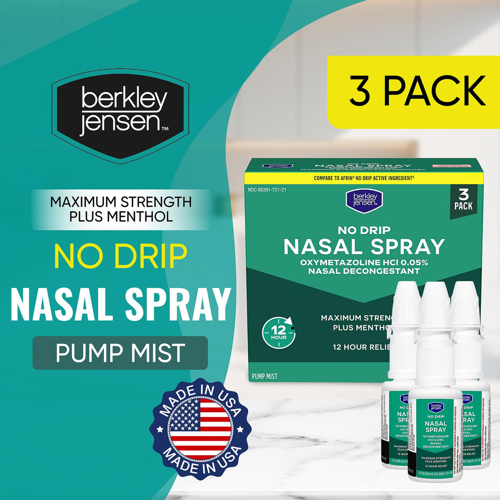 Berkley Jensen maximum strength nasal spray pack of two bottles for sinus relief.