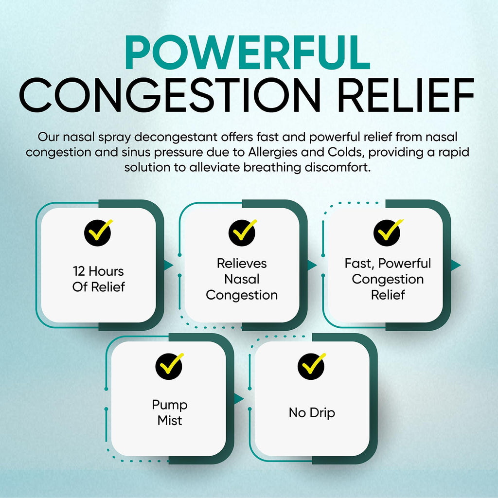 Oxymetazoline hydrochloride 0.05 percent nasal spray for twelve hour severe congestion relief.