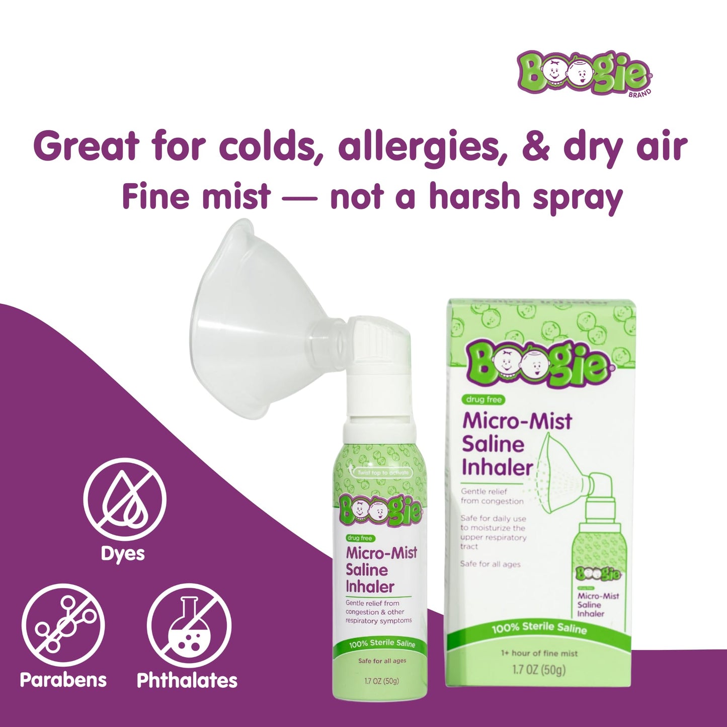 Boogie sterile saline mist inhaler with attached pediatric face mask