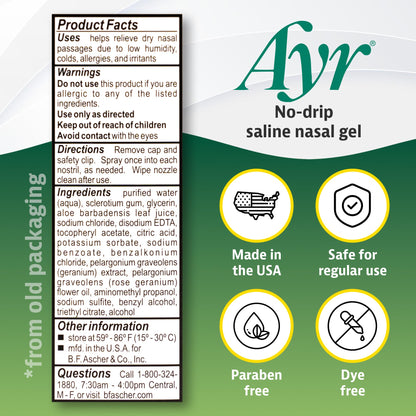 AYR saline nasal gel metered dose spray bottle for seasonal allergies