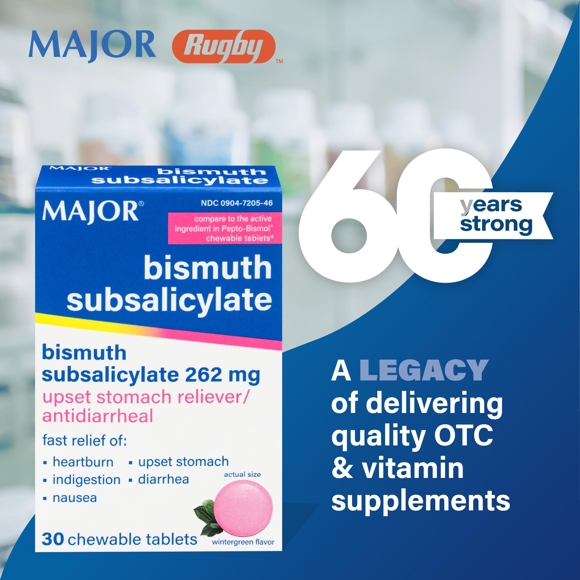 MAJOR anti-diarrheal chewable tablets 30 count box showing active ingredients list