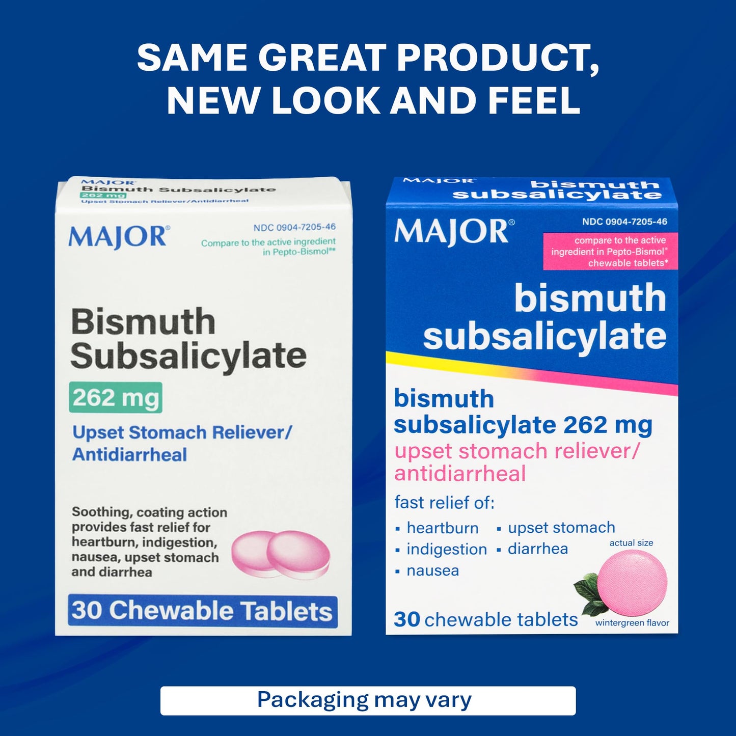 MAJOR wintergreen flavor bismuth subsalicylate package side view displaying drug facts