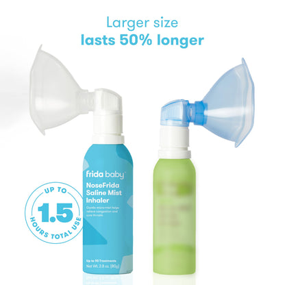 Frida Baby NoseFrida Saline Mist Inhaler being used upright to create a fine moisturizing mist for baby congestion relief.