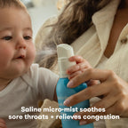 Close up of the non medicated infant saline inhaler dual use nozzle showing the upright mist and upside down dropper functionality.