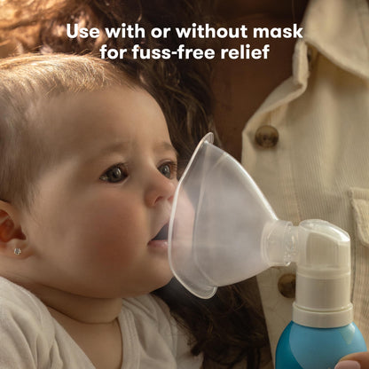 Frida Baby NoseFrida infant saline spray packaging detailing the 100 percent sterile water and salt ingredients list.