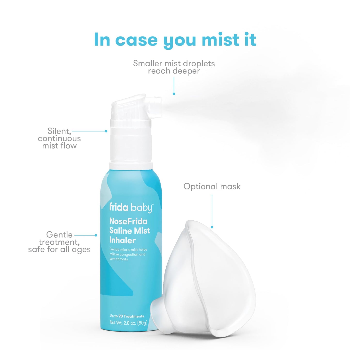 Soft toddler sized mask attached to the Frida Baby NoseFrida Saline Mist container for targeted airway relief.