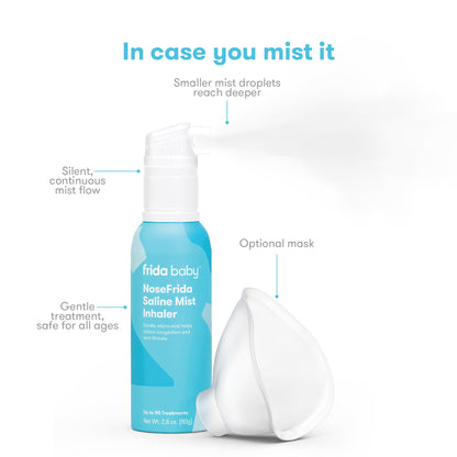 Soft toddler sized mask attached to the Frida Baby NoseFrida Saline Mist container for targeted airway relief.