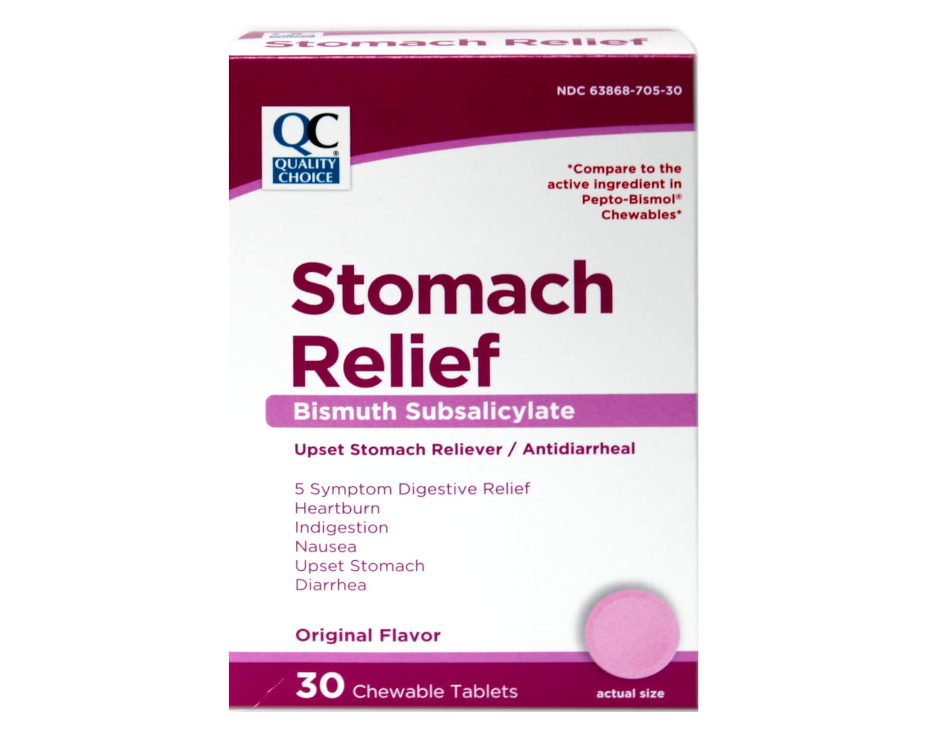 Quality Choice Pink Bismuth 262 milligram tablet packaging details