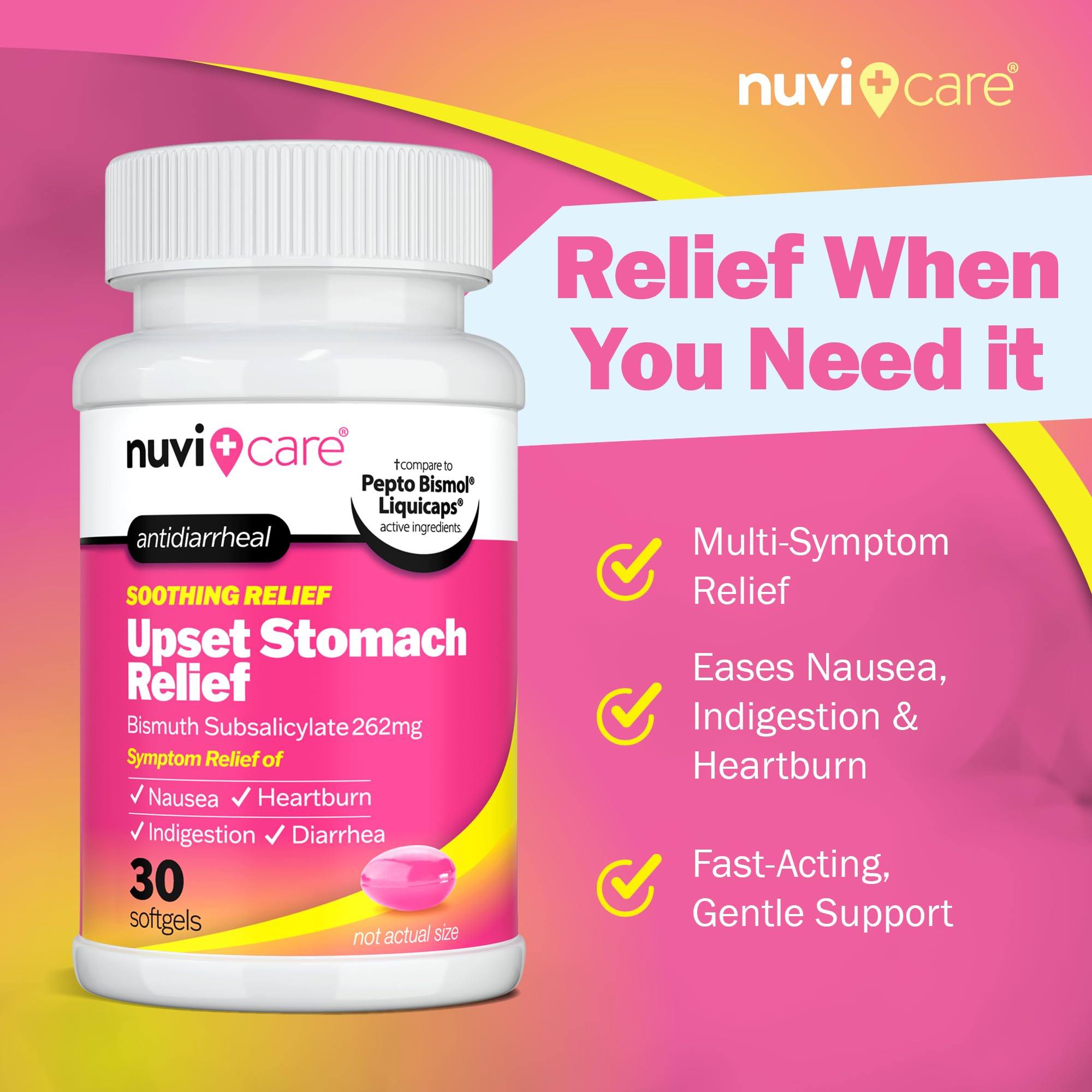 NUVICARE antidiarrheal generic liquicaps bottle detailing 262 mg dosage specifications