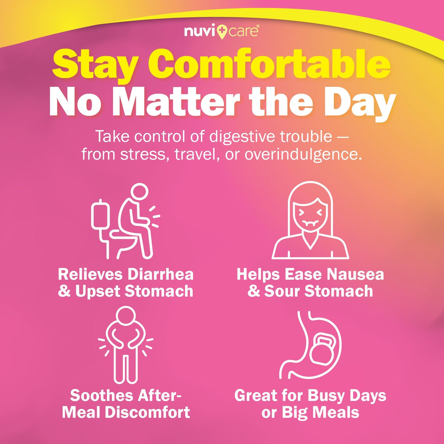 NUVICARE health supplement packaging displaying product uses for nausea and heartburn relief