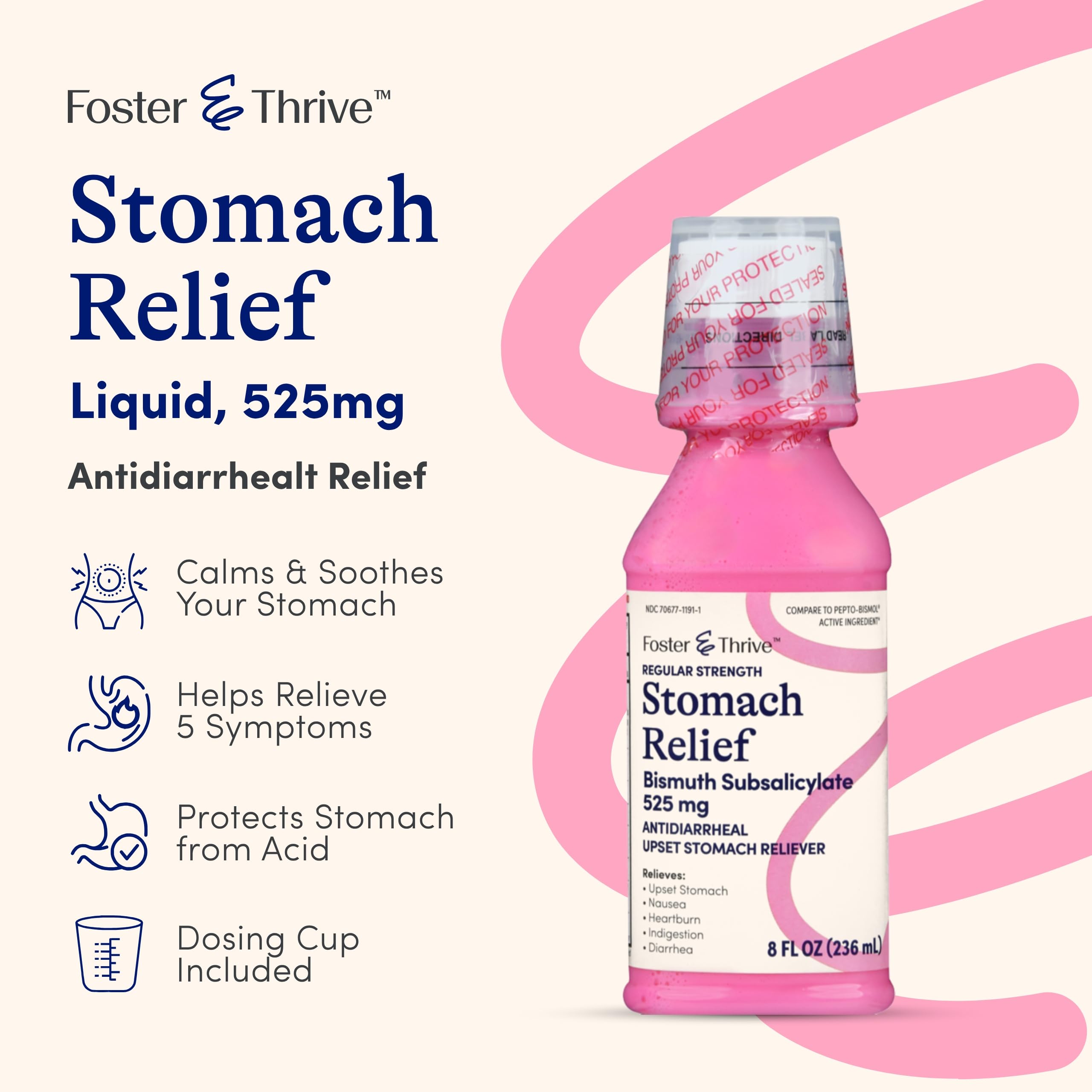 Foster And Thrive regular strength bismuth subsalicylate antidiarrheal liquid twin pack bottles.