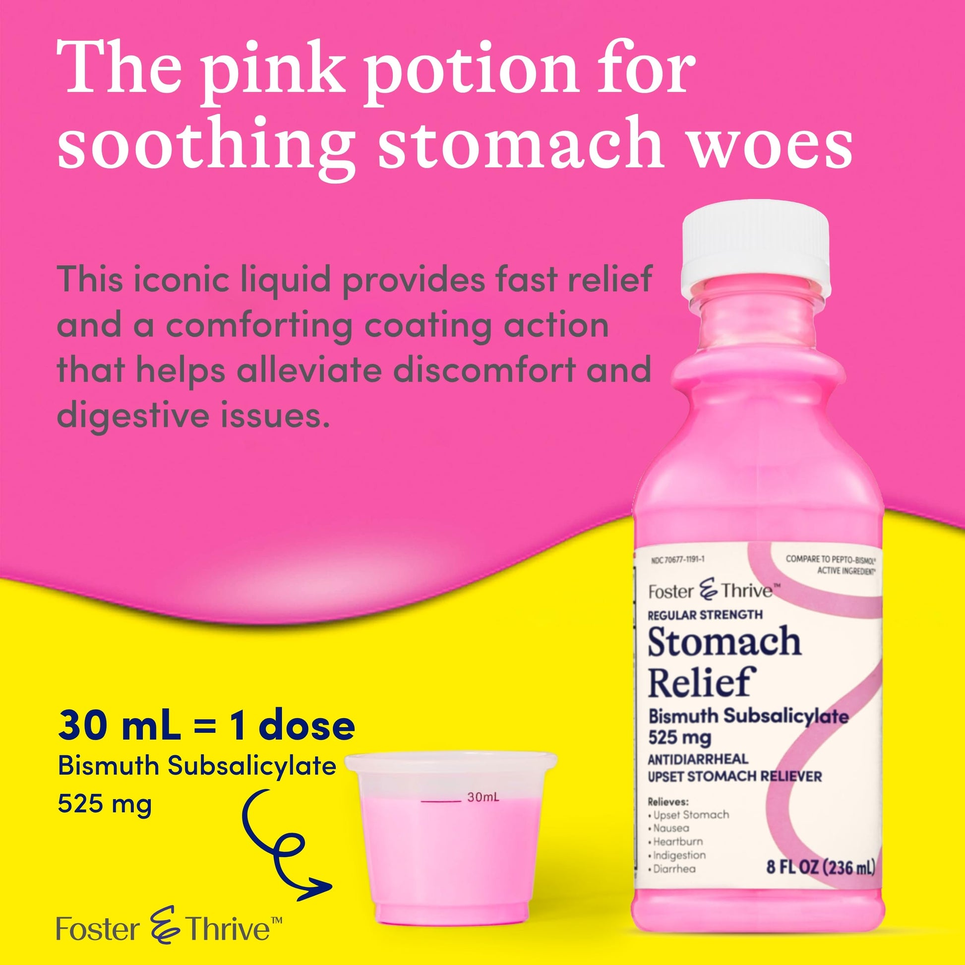 Back label of Foster And Thrive stomach relief medicine detailing active ingredients and warnings.
