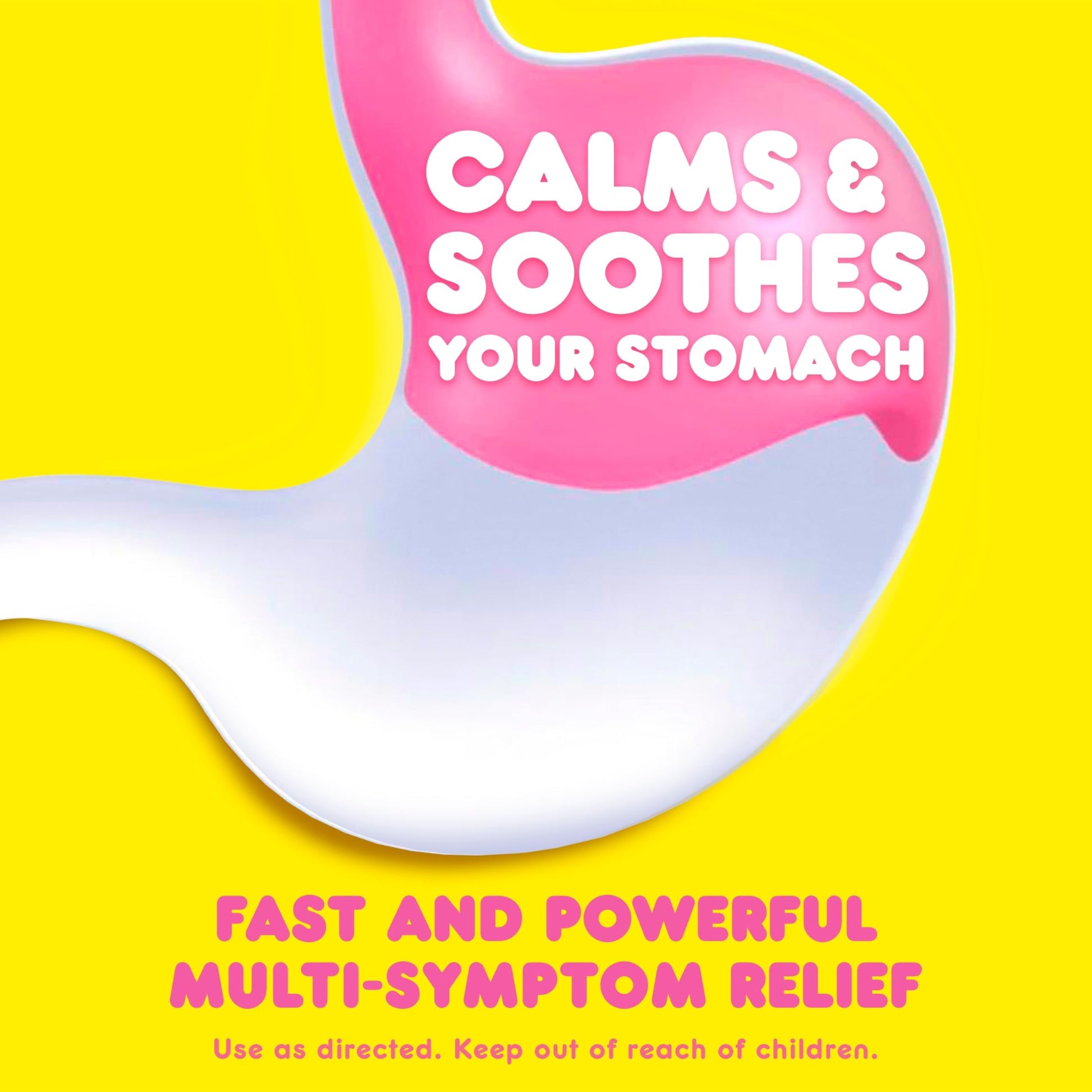 Side view of imported USA stomach relief liquid detailing dosage instructions for adults.