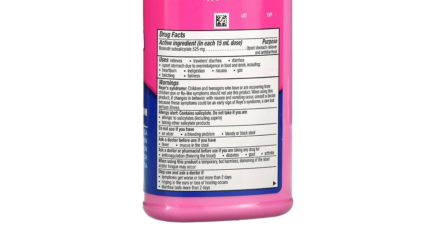 Back label of concentrated bismuth subsalicylate liquid showing official drug facts dosage guidelines and ingredient details