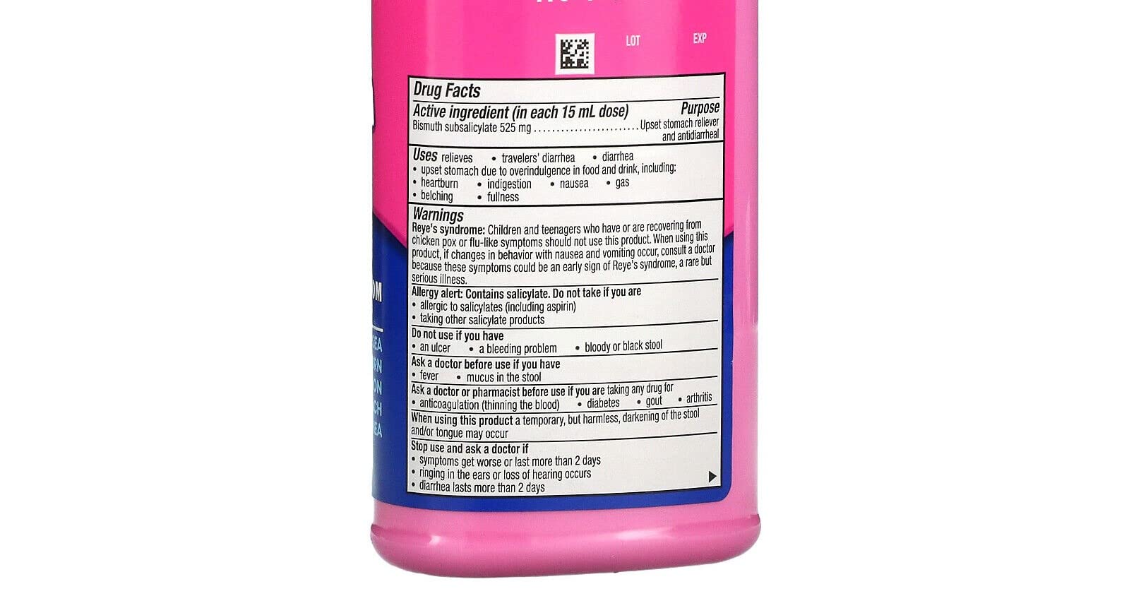 Back label of concentrated bismuth subsalicylate liquid showing official drug facts dosage guidelines and ingredient details
