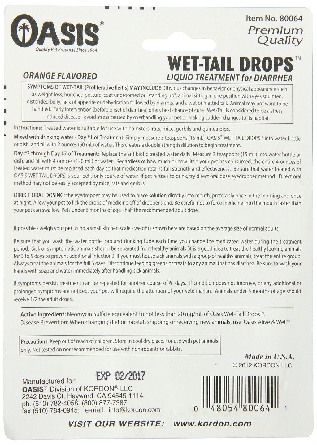 Detailed label of Kordon Oasis #80064 liquid diarrhea treatment for hamsters