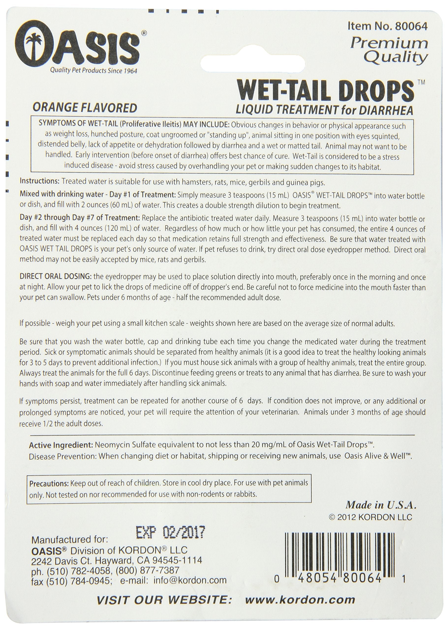 Detailed label of Kordon Oasis #80064 liquid diarrhea treatment for hamsters
