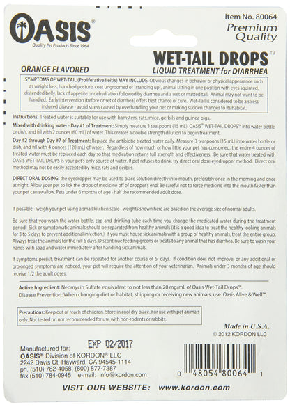 Detailed label of Kordon Oasis #80064 liquid diarrhea treatment for hamsters